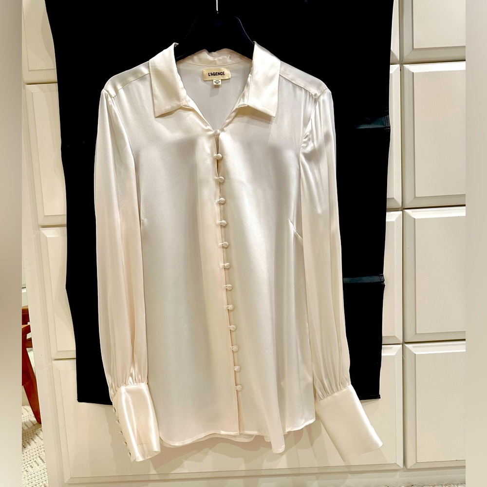 L'AGENCE Ivory Satin Button-Front Blouse